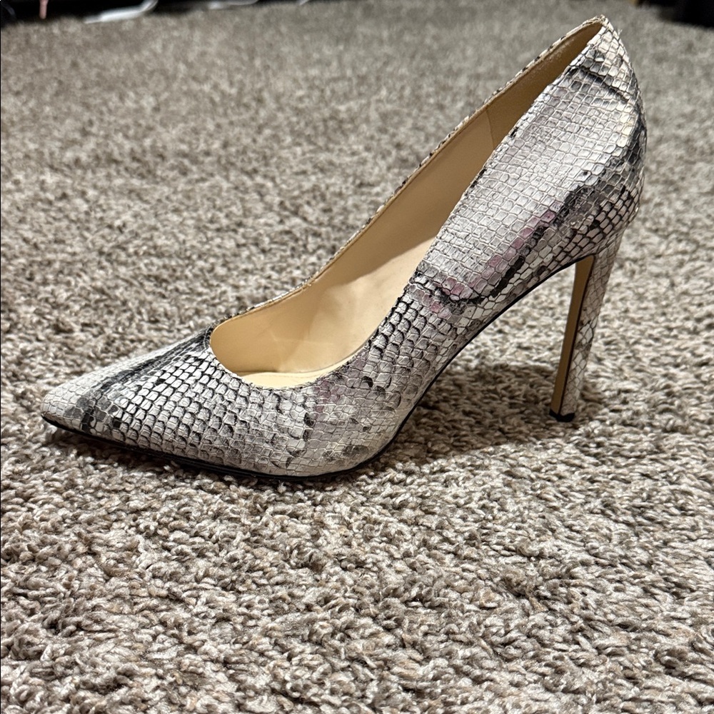 Nine West Snake-Print Pointed Toe High Heel in Gray and Cream